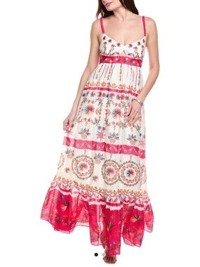 NWT SALONI Naki Cream linen Maxi sunDress scalloped neck cut outs Pink shell 8